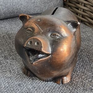 Vintage estate brass or copper colored Metal Piggy Bank pig mid century modern